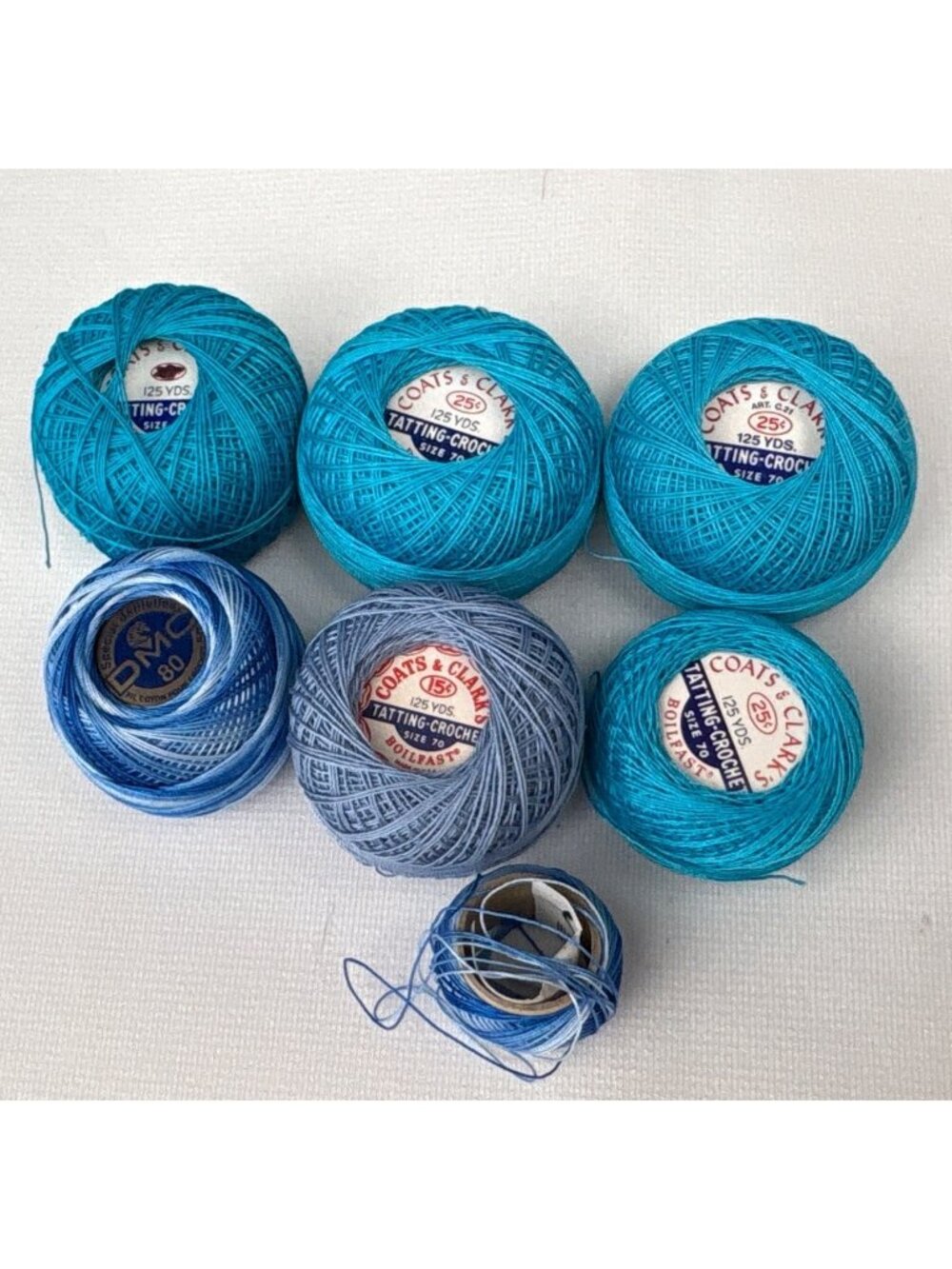 Assorted Blue Crochet Threads Coats & Clark DMC Size 70 & 80 Tatting